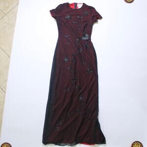 Vintage Warren Petites Red And Black Double Lined Goth Gown With Beading Size 4